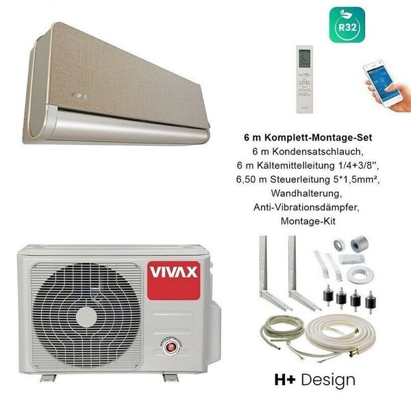 VIVAX H+ Design GOLD + 6 m Komplett SET Klimagerät Klimaanlage 3D Swing A+++