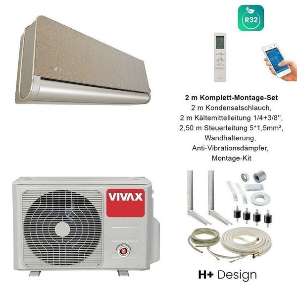 VIVAX H+ Design GOLD + 2 m Komplett SET Klimagerät Klimaanlage 3D Swing A+++