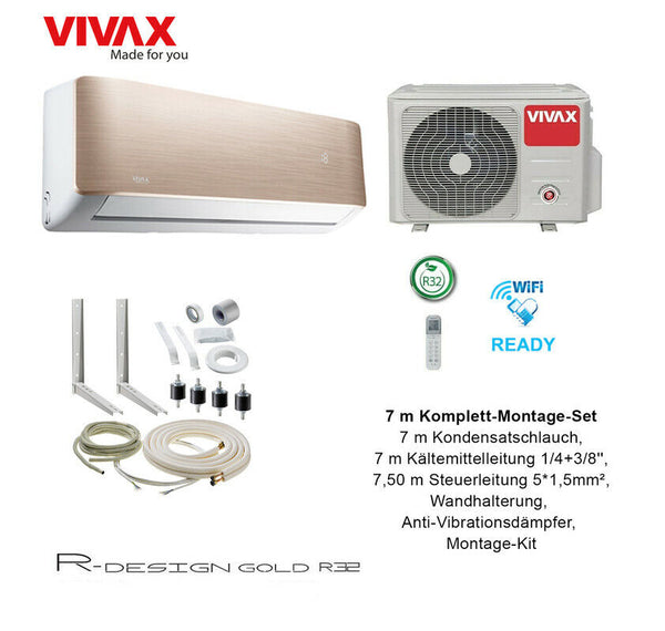 VIVAX R Design GOLD 12000 BTU + 7 m Komplett Montageset Split Klimaanlage A +++