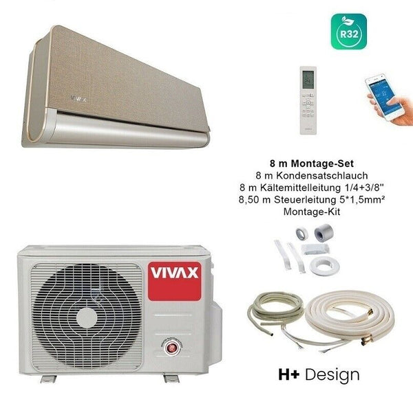 VIVAX H+ Design GOLD + 8 m Montageset Klimagerät Split Klimaanlage 3D Swing A+++