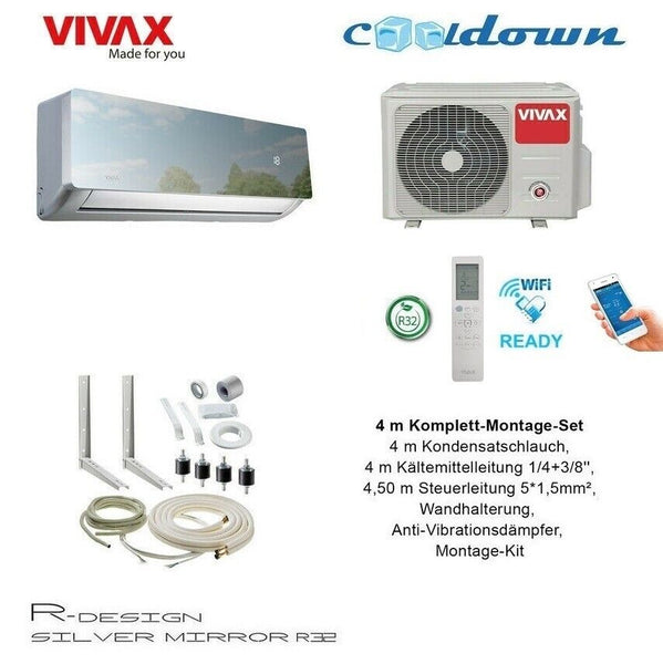 VIVAX R Design SILVER MIRROR 12000 BTU + 4 m Komplett SET Split Klimaanlage A+++