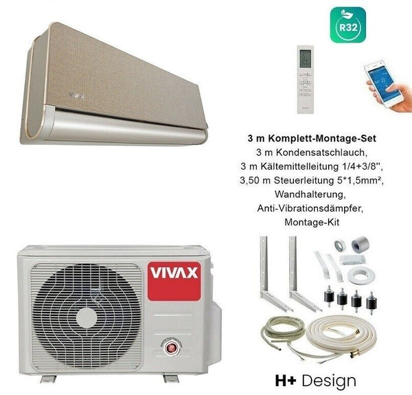 VIVAX H+ Design GOLD + 3 m Komplett SET Klimagerät Klimaanlage 3D Swing A+++