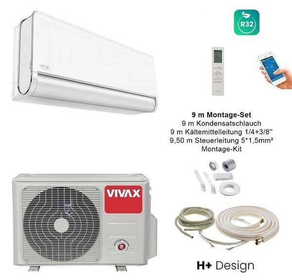 VIVAX H+ Design Weiß + 9 m Montageset Klimagerät Split Klimaanlage 3D Swing A+++