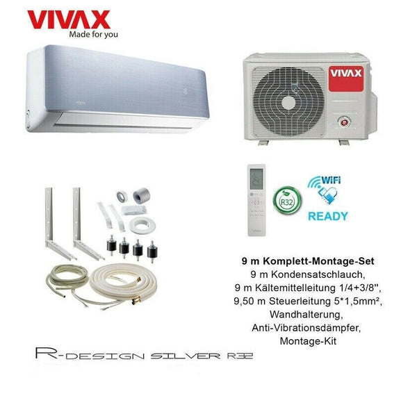 VIVAX R Design SILVER 12000 BTU + 9 m Komplett Montageset Split Klimaanlage A+++