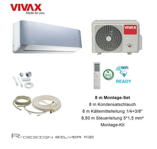 VIVAX R Design SILVER 12000 BTU+8 m Montageset Klimagerät Split Klimaanlage A+++