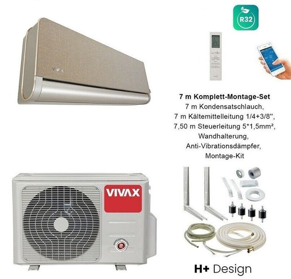 VIVAX H+ Design GOLD + 7 m Komplett SET Klimagerät Klimaanlage 3D Swing A+++