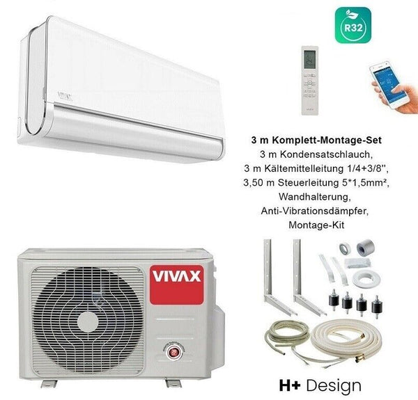 VIVAX H+ Design Weiß + 3 m Komplett Montageset Split Klimaanlage 3D Swing A +++