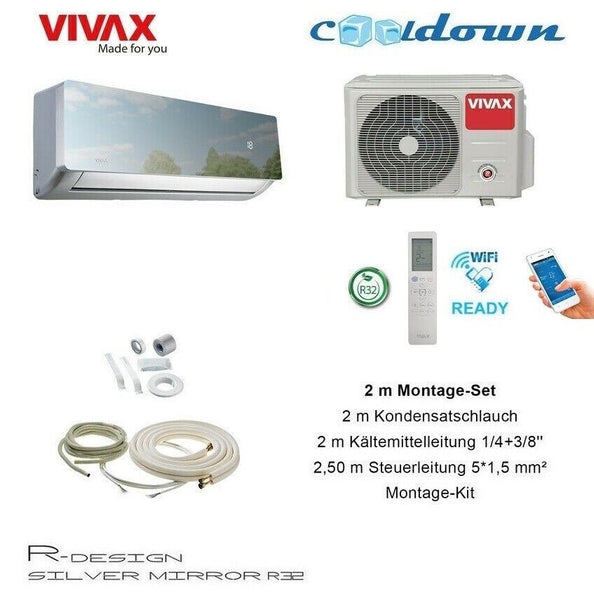 VIVAX R Design SILVER MIRROR 12000 BTU + 2 m Montageset 3,8 KW Klimaanlage A+++