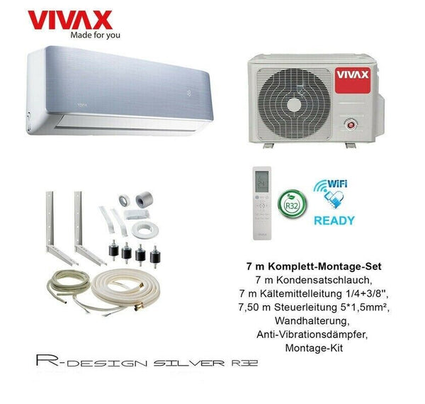 VIVAX R Design SILVER 12000 BTU + 7 m Komplett Montageset Split Klimaanlage A+++