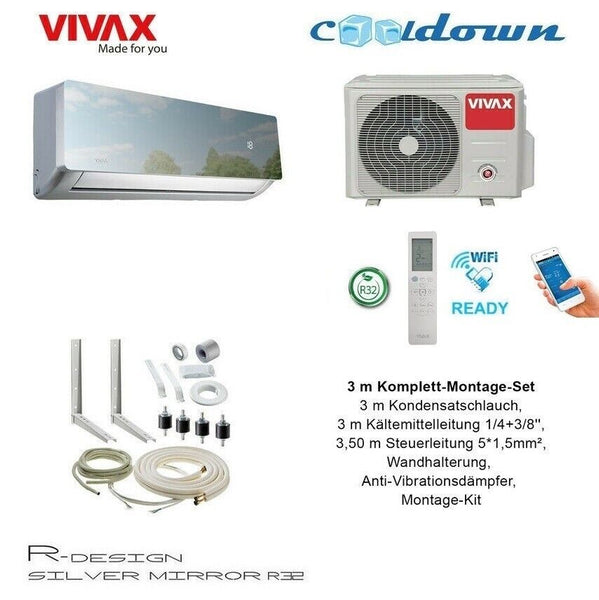 VIVAX R Design SILVER MIRROR 12000 BTU + 3 m Komplett SET Split Klimaanlage A+++