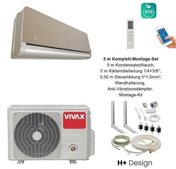 VIVAX H+ Design GOLD + 5 m Komplett SET Klimagerät Klimaanlage 3D Swing A+++