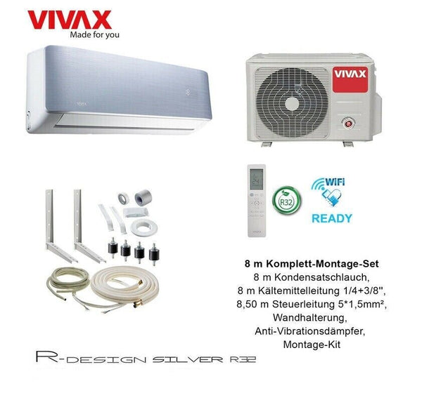 VIVAX R Design SILVER 9000 BTU + 8 m Komplett SET 2,6 KW Split Klimaanlage A+++