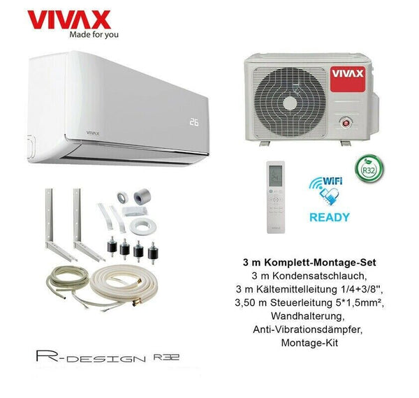 VIVAX R Design 9000 BTU + 3 m Komplett Montageset 2,6 KW Split Klimaanlage A+++