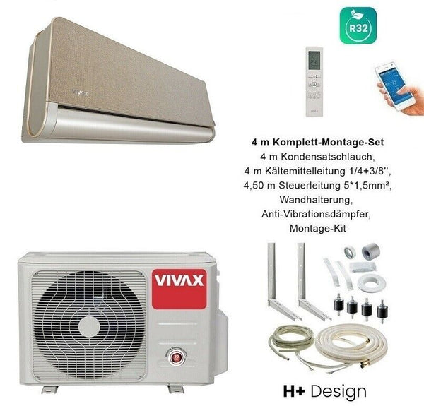 VIVAX H+ Design GOLD + 4 m Komplett SET Klimagerät Klimaanlage 3D Swing A+++