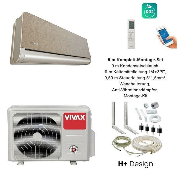 VIVAX H+ Design GOLD + 9 m Komplett SET Klimagerät Klimaanlage 3D Swing A+++