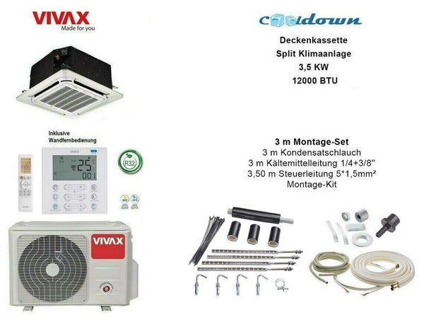 VIVAX Deckenkassette 12000 BTU + 3 m Montageset 3,52 KW Decken Split Klimaanlage