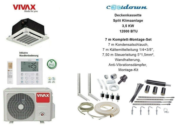 VIVAX Deckenkassette 12000 BTU + 7 m Komplett Montageset Split Klimaanlage A++