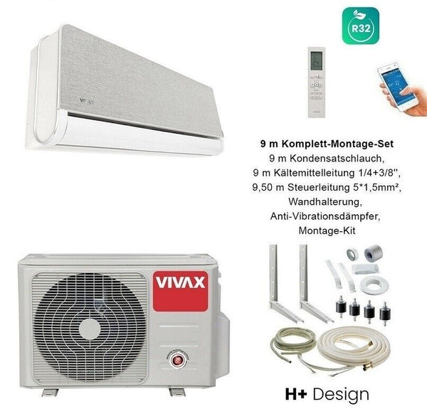 VIVAX H+ Design SILVER + 9 m Komplett SET Klimagerät Klimaanlage 3D Swing A+++