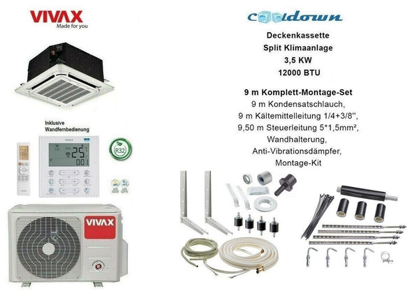 VIVAX Deckenkassette 12000 BTU+9 m Komplett Montageset 3,52 KW Split Klimaanlage