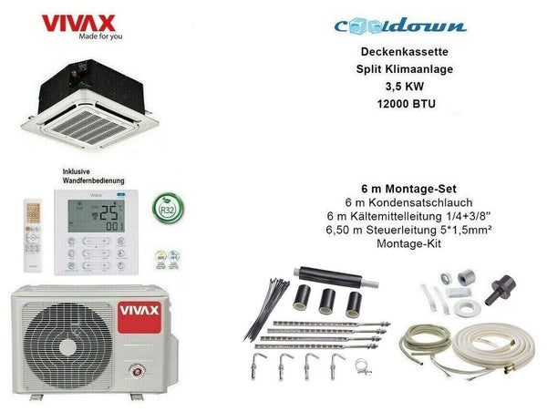 VIVAX Deckenkassette 12000 BTU + 6 m Montageset Decken Split Klimaanlage A++