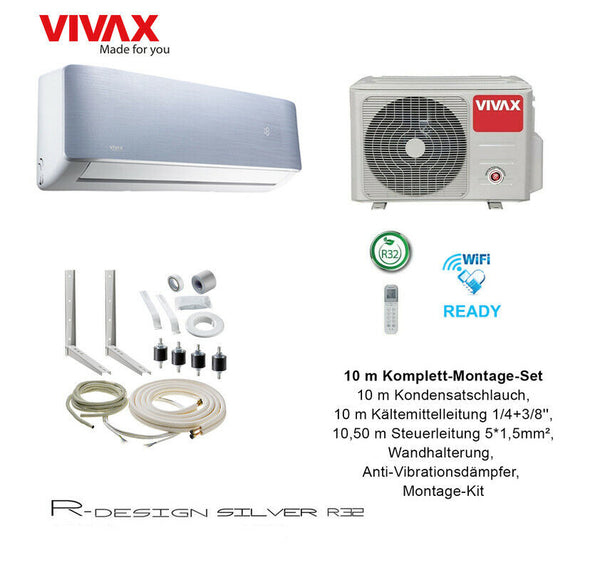 VIVAX R Design SILVER 12000 BTU +10 m Komplett Montageset Split Klimaanlage A+++