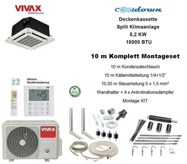 VIVAX Deckenkassette 18000 BTU +10 m Komplett Montageset 5,2KW Split Klimaanlage