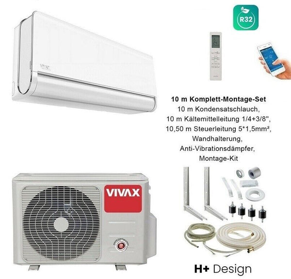 VIVAX H+ Design Weiß + 10 m Komplett Montageset Split Klimaanlage 3D Swing A+++