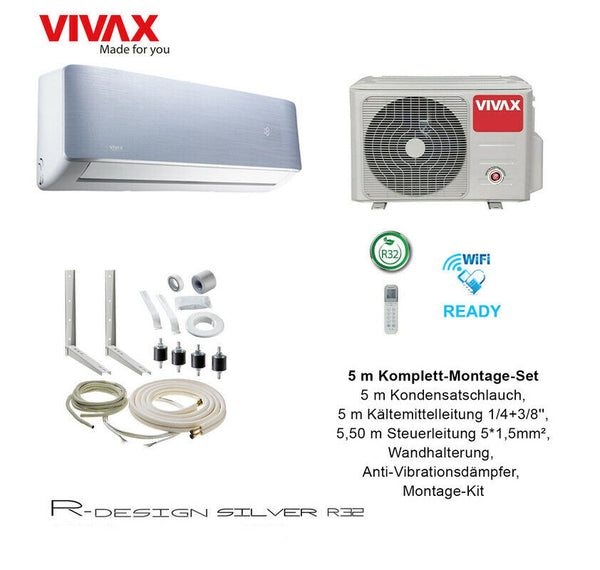VIVAX R Design SILVER 12000 BTU + 5 m Komplett Montageset Split Klimaanlage A+++