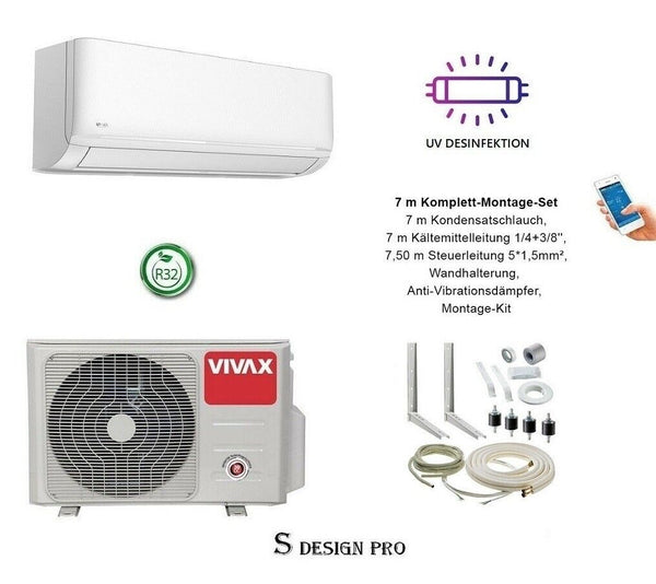 VIVAX S Design PRO 9000 BTU + 7 m Komplett Montageset Split Klimaanlage UV Lampe