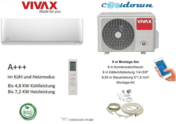 VIVAX Y Design 12000 BTU + 9 m Montageset 3,5KW Split Klimaanlage inkl WIFI A+++