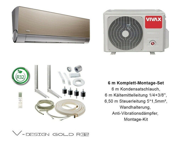VIVAX V Design GOLD 12000 BTU + 6 m Komplett Montageset Split Klimaanlage A+++