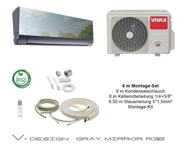 VIVAX V Design Gray Mirror 9000 BTU+ 8 m Montageset 2,6KW Split Klimaanlage A+++