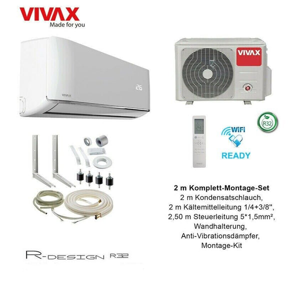 VIVAX R Design 12000 BTU + 2 m Komplett Montageset 3,8 KW Split Klimaanlage A+++