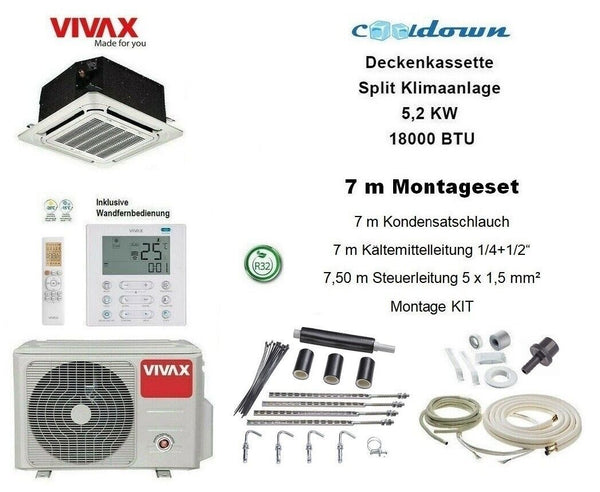 VIVAX Deckenkassette 18000 BTU + 7 m Montageset 5,2 KW Decken Split Klimaanlage