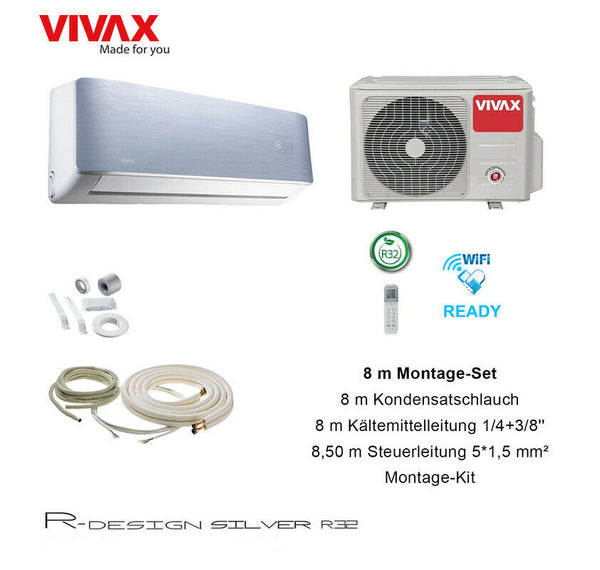 VIVAX R Design SILVER 12000 BTU+8 m Montageset Klimagerät Split Klimaanlage A+++