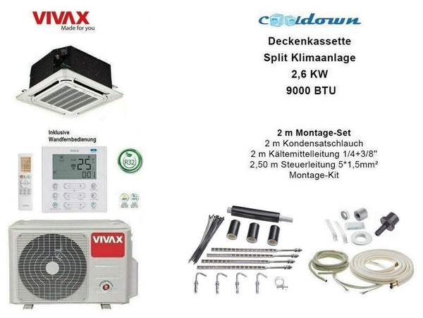 VIVAX Deckenkassette 9000 BTU+2 m Montageset 2,6 KW WIFI Ready Split Klimaanlage