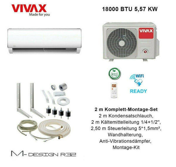 VIVAX M Design 18000 BTU + 2 m Komplett Montageset 5,57 KW Split Klimaanlage R32