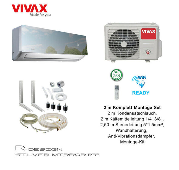 VIVAX R Design SILVER MIRROR 12000 BTU + 2 m Komplett SET Split Klimaanlage A+++
