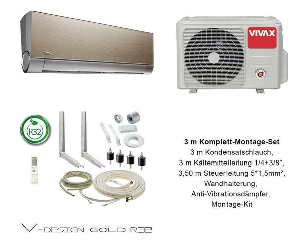 VIVAX V DESIGN GOLD 12000 BTU + 3 m Komplett Montageset 3,8 KW Klimaanlage A+++