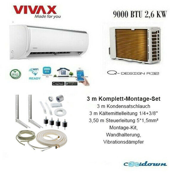 VIVAX Q Design+Komplett Montage Set 3 m 2,6KW 9000BTU Klimagerät Klimaanlage