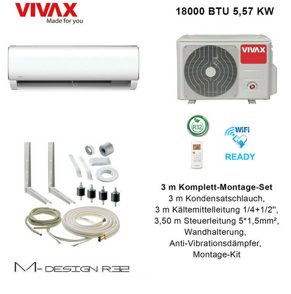 VIVAX M Design 18000 BTU + 3 m Komplett Montageset 5,57 KW Split Klimaanlage R32