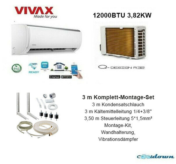 VIVAX Q Design+Komplet Montage SET 3m 12000BTU Klimagerät Split Klimaanlage A++