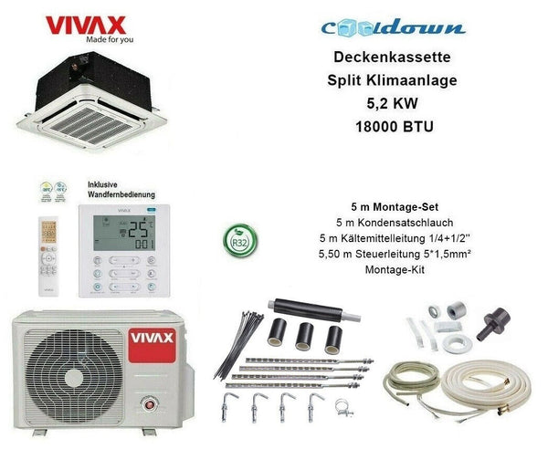 VIVAX Deckenkassette 18000 BTU + 5 m Montageset 5,2 KW Decken Split Klimaanlage