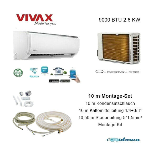 VIVAX Q Design+Montage Set 10 m 2,6 KW 9000 BTU Klimagerät Split Klimaanlage A++