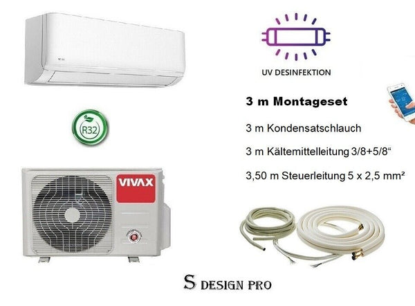 VIVAX S Design PRO 24000 BTU + 3 m Montageset 7KW Split Klimaanlage A++ UV Lampe