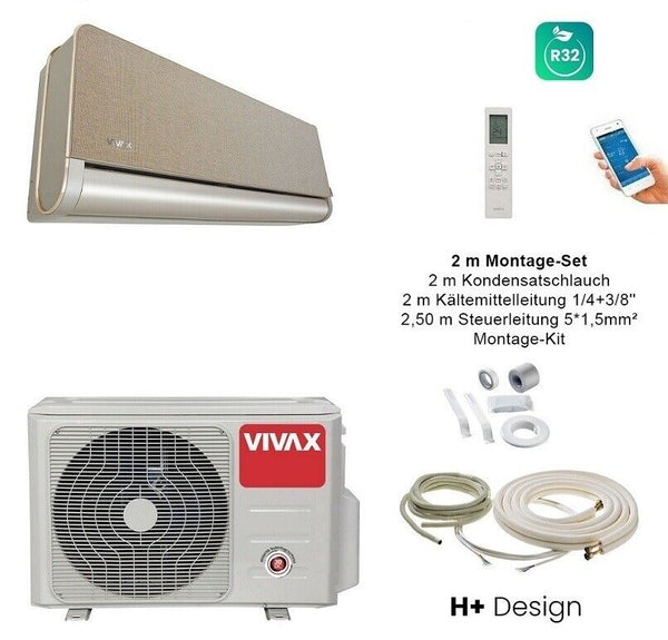 VIVAX H+ Design GOLD + 2 m Montageset Klimagerät Split Klimaanlage 3D Swing A+++