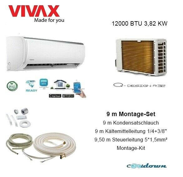 VIVAX Q Design+Montage Set 9 m 3,82KW 12000BTU Klimagerät Split Klimaanlage A++