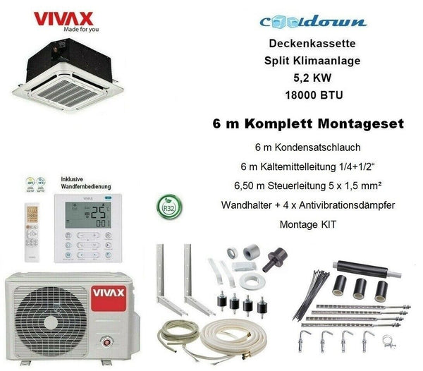 VIVAX Deckenkassette 18000 BTU + 6 m Komplett Montageset 5,2KW Split Klimaanlage