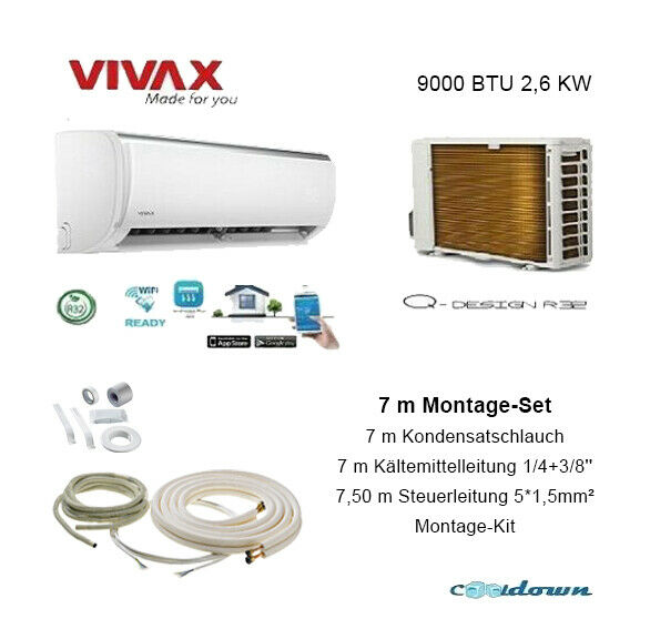 VIVAX Q Design+Montage Set 7 m 2,6 KW 9000 BTU Klimagerät Split Klimaanlage A++