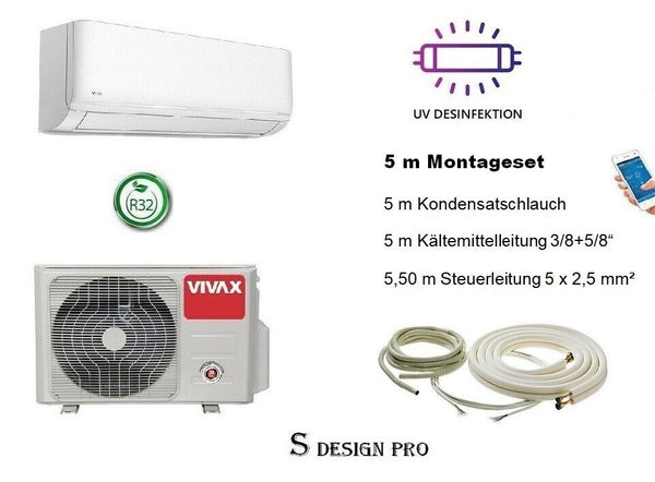 VIVAX S Design PRO 24000 BTU + 5 m Montageset 7KW Split Klimaanlage A++ UV Lampe